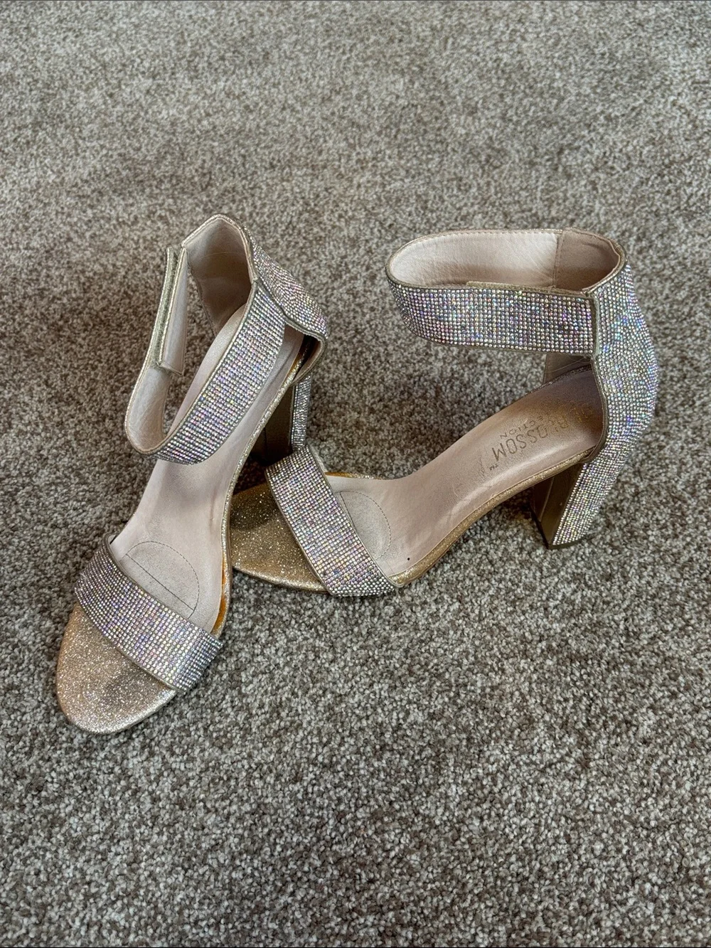 De Blossom Collection Iridescent Crystal Ankle-Strap Block Heels - Champagne